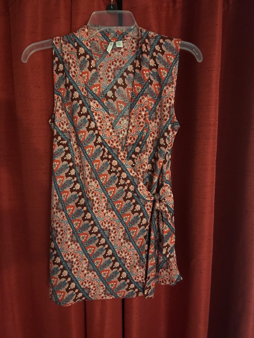 Cato Sleeveless Wrap Camisole in Rust and Blue Paisley